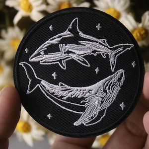 shark and whale patch, fish patch, iron on patch, stick on patch, embroidered patch, funny patch, aesthetic patch, gorgeous patch
