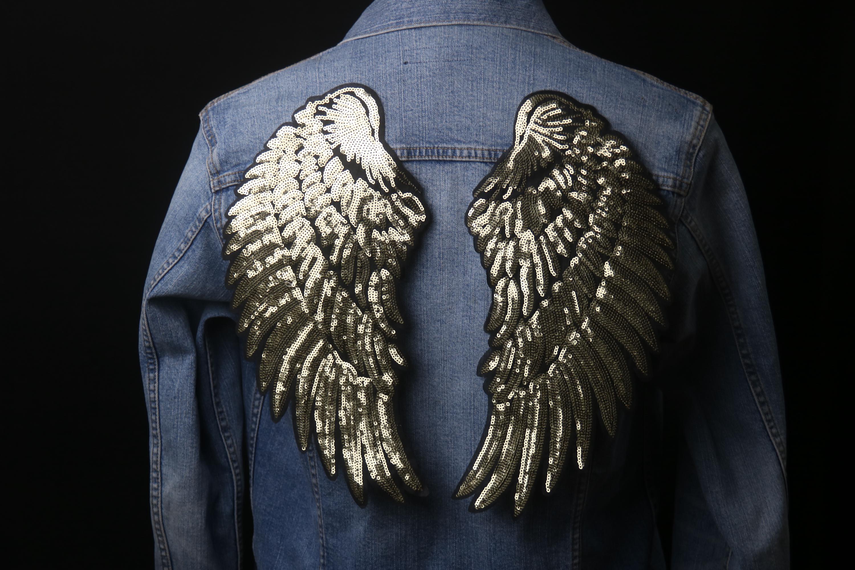 a pair of large sequined golden angel wings patch, iron on patch, embroidered patch, funny patch, aesthetic patch, gorgeous patch, applique