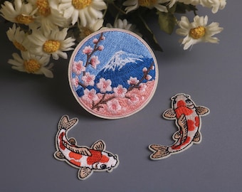 écusson fleurs de cerisier, écusson montagne FUJI, carpes koï, écusson thermocollant, écusson brodé, écusson amusant, écusson esthétique, écusson magnifique, applique