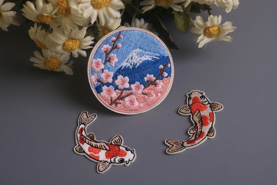 cherry blossom patch, FUJI mountain patch, Koi, iron on patch, embroidered patch, funny patch, aesthetic patch, gorgeous patch, applique