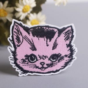 Embroidered Pink Cat Patch, Applique Badge for Clothing, bad kitty,