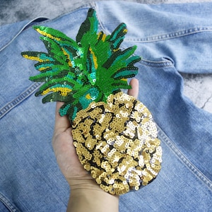 large sequined glitter pineapple patch, fruit, iron on patch, stick on patch, embroidered patch, funny patch, aesthetic patch