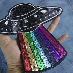 large sequined rainbow UFO patch, Alien patch, iron on patch, embroidered patch, funny patch, aesthetic patch, gorgeous patch