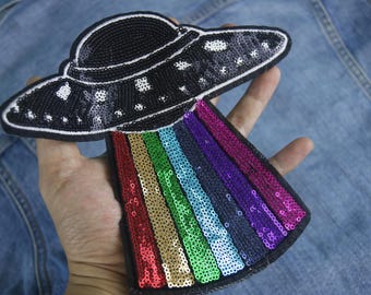 large sequined rainbow UFO patch, Alien patch, iron on patch, embroidered patch, funny patch, aesthetic patch, gorgeous patch