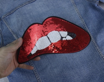 large sequined red lip patch, biting, iron on patch, stick on patch, embroidered patch, funny patch, aesthetic patch, gorgeous patch
