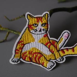grooming tabby orange cat patch, kitty patch, iron on patch, stick on patch, embroidered patch, funny patch, aesthetic patch, gorgeous patch