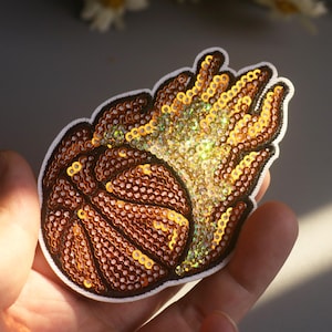 Paljettbasketmärke, broderad applikation, strykbar flamdesign