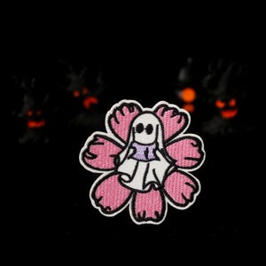 ghost on the pink flower patch, for Halloween, iron on patch, embroidered patch, funny patch, aesthetic patch, gorgeous patch, applique