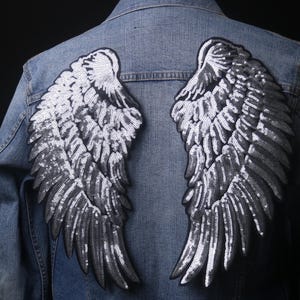 a pair of large sequined silver angel wings patch, iron on patch, embroidered patch, funny patch, aesthetic patch, gorgeous patch, applique
