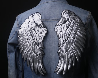 a pair of large sequined silver angel wings patch, iron on patch, embroidered patch, funny patch, aesthetic patch, gorgeous patch, applique