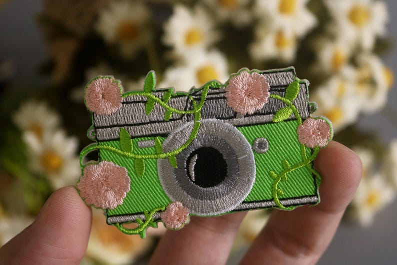 Floral Camera Patch, Green Camera Patch, Iron on Patch, Embroidered ...