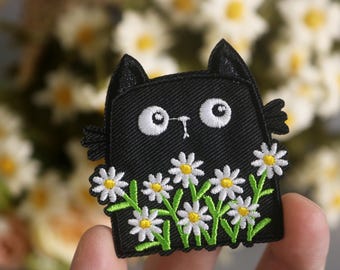 black cat with white flowers patch, cute, iron on patch, embroidered patch, funny patch, aesthetic patch, gorgeous patch, applique