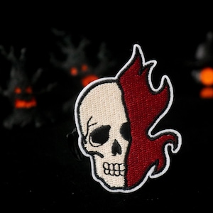 half skull half flame patch, skull patch, burning patch, iron on patch, embroidered patch, funny patch, aesthetic patch