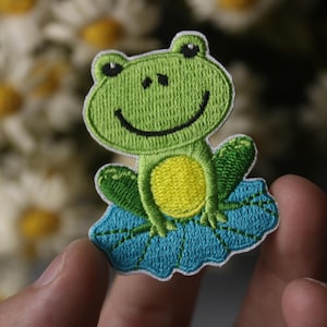 Könnte beinhalten: Grüne gestickte Frosch, der auf einem blauen gestickten Seerosenblatt sitzt. Der Frosch hat einen gelben Bauch und ein breites Lächeln.
