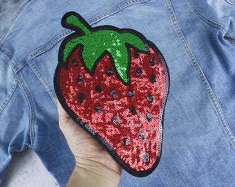 large sequined strawberry patch, glitter, iron on patch, embroidered patch, funny patch, aesthetic patch, gorgeous patch
