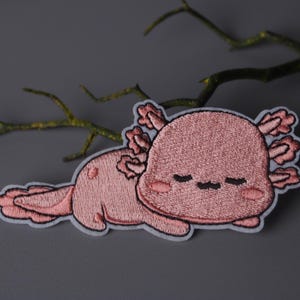Może przedstawiać: Naszywka z haftowanym różowym aksolotlem z białym obramowaniem. Axolotl leży na boku ze zmrużonymi oczami i małym uśmiechem. Naszywka idealnie nadaje się do dodania odrobiny fantazji do każdego projektu.