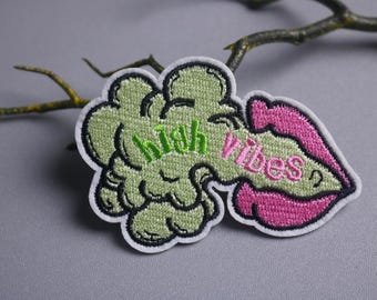 High vibes-patch, onkruidpatch, opstrijkbare patch, geborduurde patch, grappige patch, esthetische patch, prachtige patch, stoffen