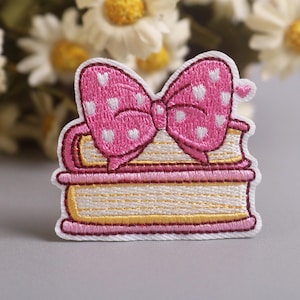 book patch, pink, bow, reading patch, iron on patch, embroidered patch, funny patch, aesthetic patch, gorgeous patch, applique