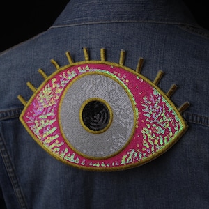 large sequined pink glitter evil eye patch, iron on patch, embroidered patch, funny patch, aesthetic patch, gorgeous patch, applique