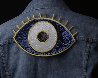 large sequined blue evil eye patch, iron on patch, embroidered patch, funny patch, aesthetic patch, gorgeous patch, applique