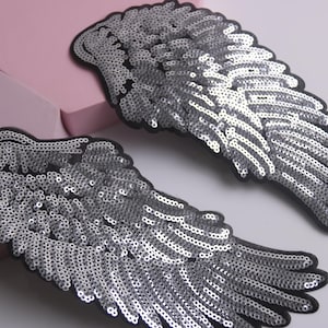 a pair of sequined silver shining wings patch, angel wings iron on patch, embroidered patch, funny patch, aesthetic patch