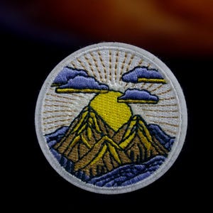 mountain patch, sunrise patch, outdoor patch, hiking, iron on patch, stick on patch, embroidered patch, funny patch, aesthetic patch