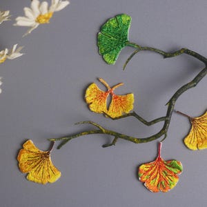 5 Stück Gestickte Ginkgo Blätter Patches, Aufnäher zum Aufbügeln, Natur Motiv, Blatt