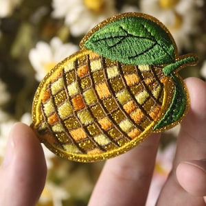 Könnte beinhalten: Gestickter Aufnäher in Ananasform. Der Aufnäher hat einen goldglitzernden Rand, ein grünes Blatt und ein gelb-oranges Gittermuster. Der Aufnäher wird vor einem verschwommenen floralen Hintergrund gehalten. Ca. 6 cm lang.
