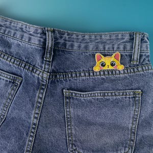 cute tiny yellow pocket kitty patch, cat patch, iron on patch, embroidered patch, funny patch, aesthetic patch, gorgeous patch, applique