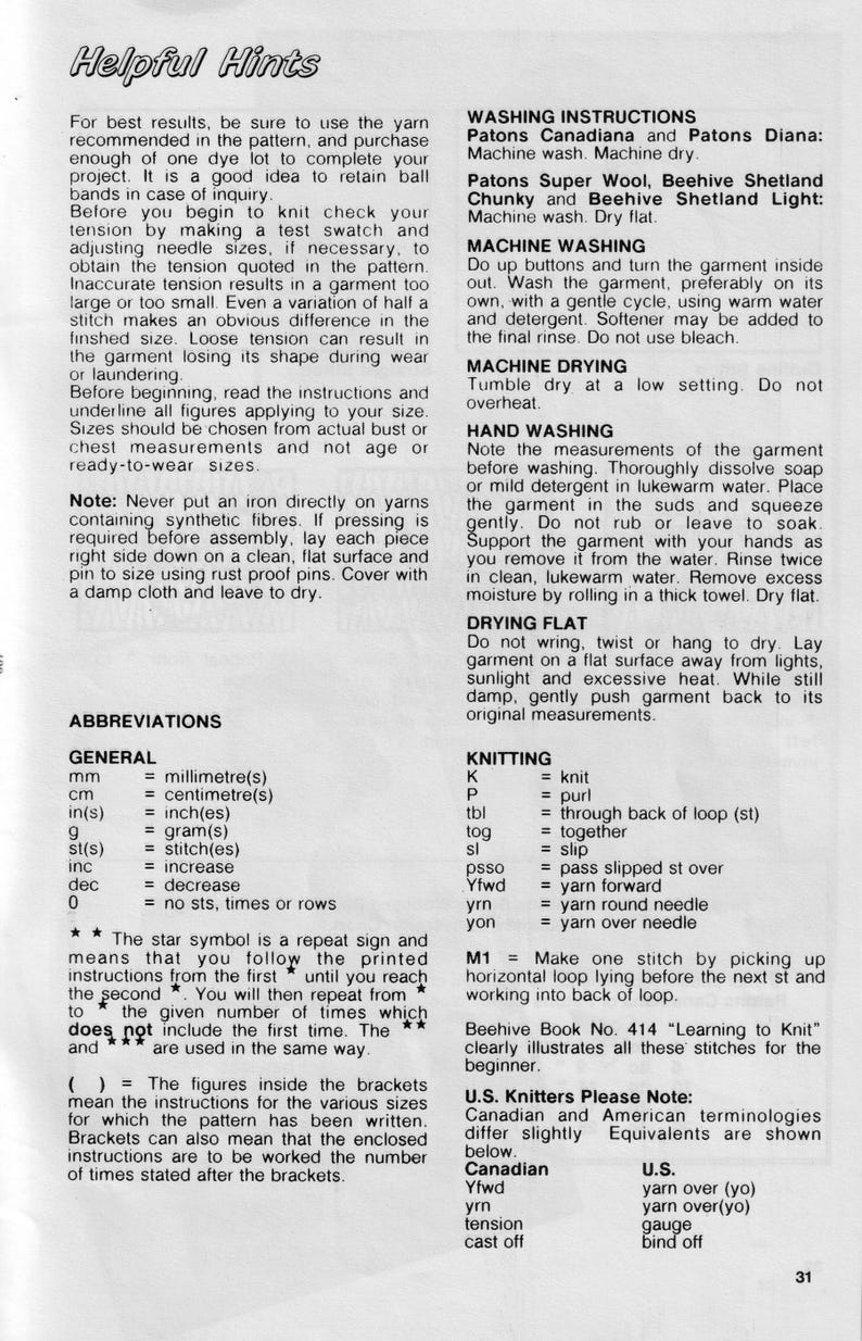 Op de afbeelding: Een pagina uit een breipatroonboek met instructies en afkortingen. De tekst bevat wasvoorschriften, breibegrippen en handige tips voor breiers. De pagina is wit met zwarte tekst.