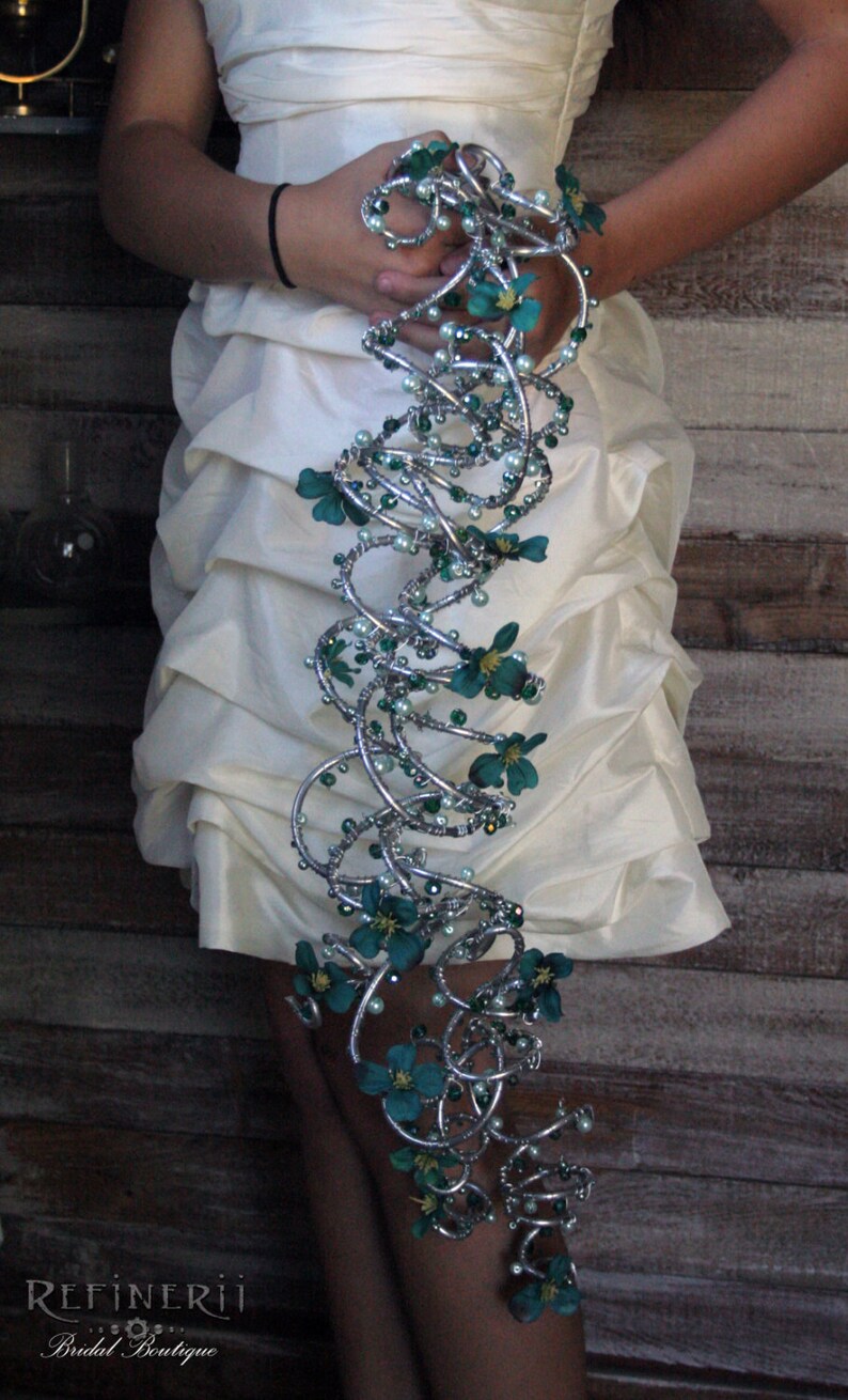 Crystals and Pearls Trailing Metal Bouquet with Sea Green Silk Flowers