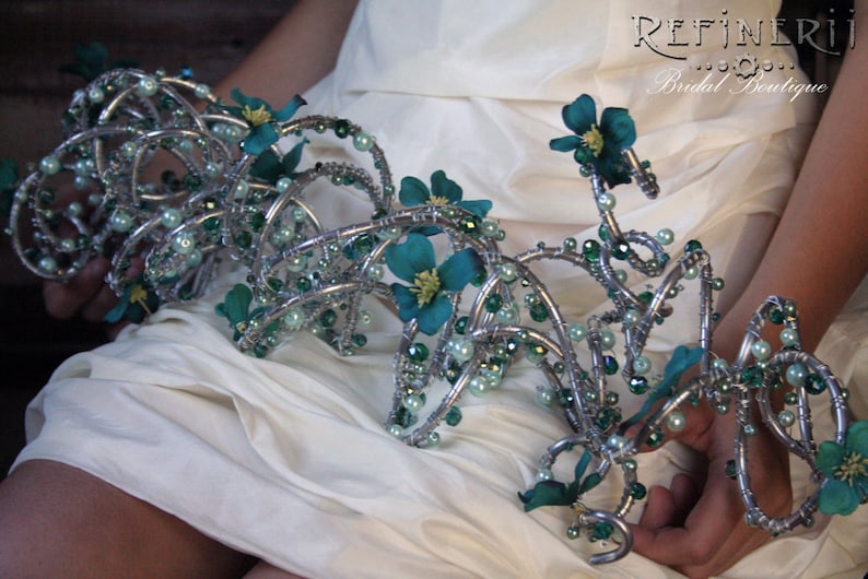 Crystals and Pearls Trailing Metal Bouquet with Sea Green Silk Flowers