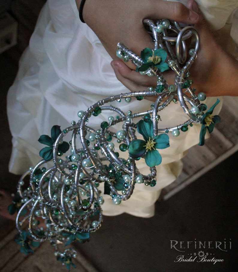 Crystals and Pearls Trailing Metal Bouquet with Sea Green Silk Flowers