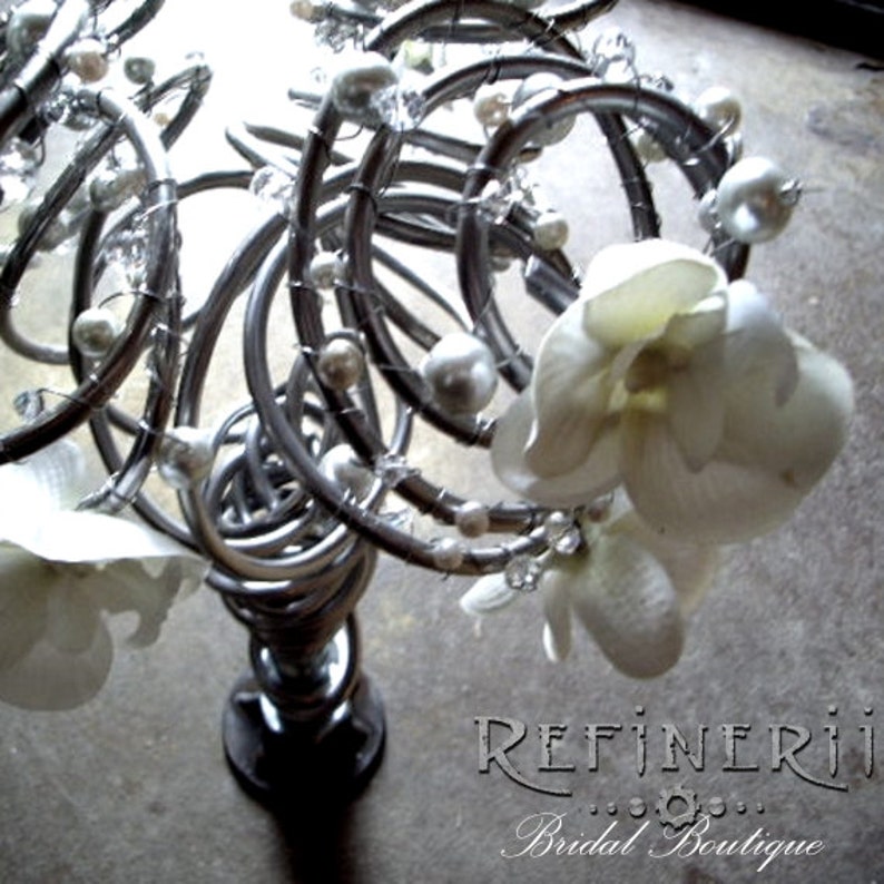 An Avant Garde Arrangement with Crystals and Pearls in Your Choice of Colors Metal and Silk Flower Wedding Bouquet
