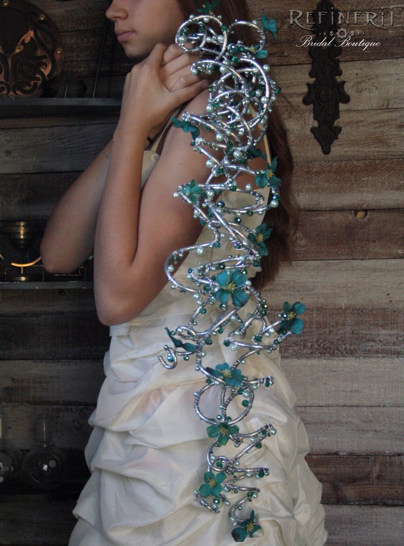 Crystals and Pearls Trailing Metal Bouquet with Sea Green Silk Flowers