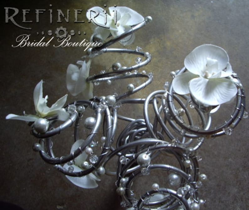 An Avant Garde Arrangement with Crystals and Pearls in Your Choice of Colors Metal and Silk Flower Wedding Bouquet