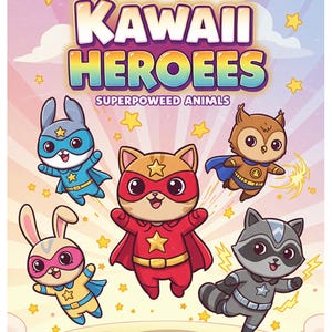 Puede incluir: Ilustración de Kawaii Heroes Superpowered Animals con cinco animales de dibujos animados vestidos de superhéroes. Un conejito, un gato, un búho, un mapache y un conejito vuelan y corren con estrellas y rayos en el fondo. El texto "Kawaii Heroes Superpowered Animals" y "KawaiCozzyArt" se encuentra en la parte superior e inferior de la imagen.
