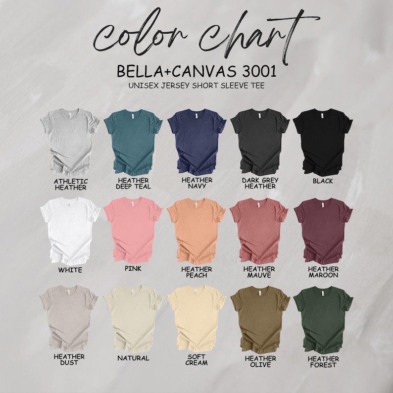 May include: Colour chart for Bella + Canvas 3001 unisex jersey short sleeve t-shirts. The chart shows 15 different colours, including athletic heather, heather deep teal, heather navy, dark grey heather, black, white, pink, heather peach, heather mauve, heather maroon, heather dust, natural, soft cream, heather olive, and heather forest.