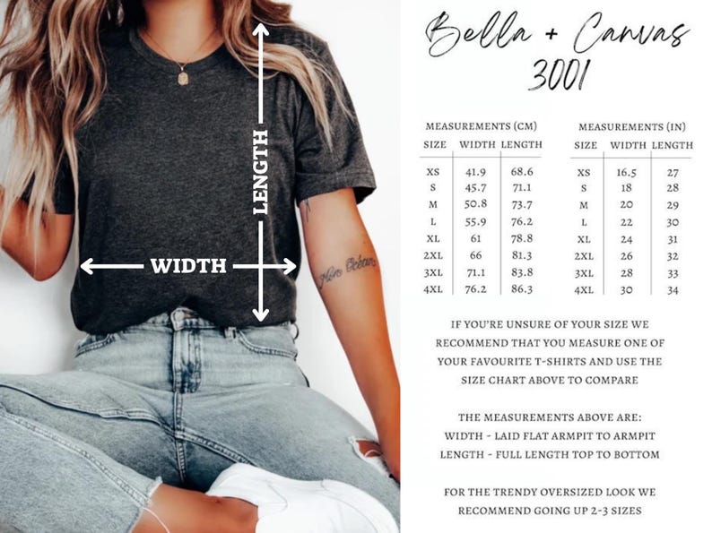 May include: A size chart for Bella + Canvas 3001 t-shirts, showing measurements in inches and centimetres for sizes XS to 4XL. The chart includes both width and length measurements.