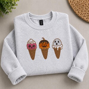 Halloween Ice Cream Sweatshirt, Embroidered Spooky Cones Sweatshirt, Skull Pumpkin Ghost Sweater, Fall Halloween Shirt, Gift for Halloween