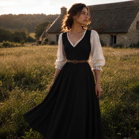 bohemian peasant dress Black Medieval Maxi Dress, Cottagecore Gown, Puff Sleeve Renaissance Outfit, Belted Prairie Clothing, Fairytale Festival Wear What Jewellery to Wear Colour: CHOCOLATE Size:44 Unhemmed Paisley V