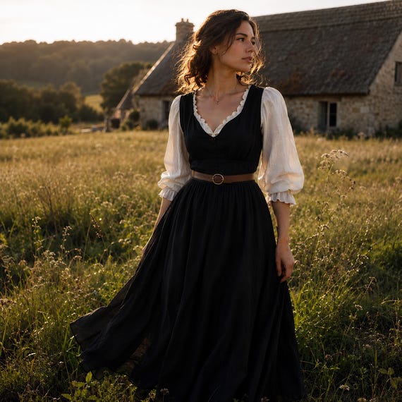 black maxi dress with brown belt Black Medieval Maxi Dress, Cottagecore Peasant Gown, Puff Sleeve Renaissance Outfit, Belted Prairie Clothing, Fairytale Festival Wear