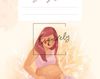 May include: A pregnancy journal cover with a watercolor background and a pregnant woman sitting in a yoga pose. The text "Pregnancy Journal" is at the top of the page.