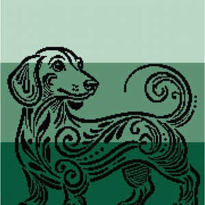 May include: A pixelated image of a dachshund dog in black, set against a background of three green shades. The dog has detailed, swirling patterns and a curled tail, giving a decorative appearance.