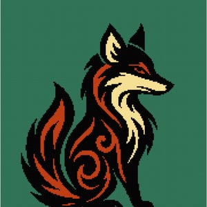 Pode incluir: Uma raposa estilizada preta e laranja com vórtices e padrões intrincados. A raposa está sentada com a cauda enroscada em torno do seu corpo.