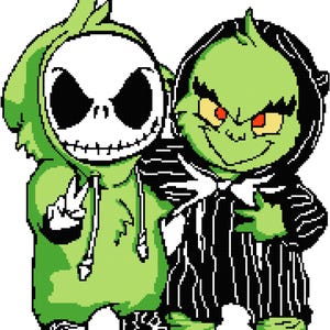 May include: A green and black cartoon character with a striped suit and a green and white cartoon character with a green hoodie. The characters are standing side by side and smiling.