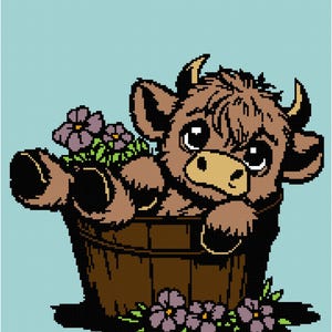 May include: A brown and white calf with big eyes sits in a wooden bucket with purple flowers around it.
