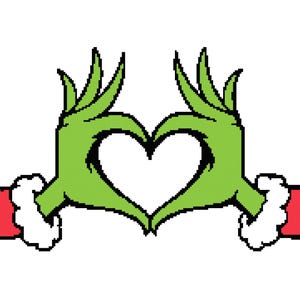 May include: A graphic illustration of two green hands forming a heart shape. The hands have long, slender fingers and are wearing red sleeves with white fur trim. The background is white.