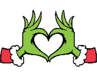 May include: A graphic illustration of two green hands forming a heart shape. The hands have long, slender fingers and are wearing red sleeves with white fur trim. The background is white.