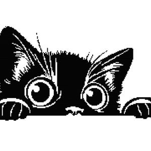 May include: Black and white graphic of a curious kitten peeking over a surface. The kitten has large, wide eyes and its paws are visible. The image is a simple, cartoon-style illustration.